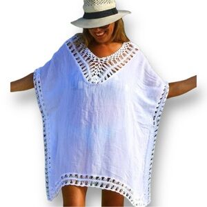 White Crochet Trimmed Boho Loose Fitting White Swim Coverup or Top OS